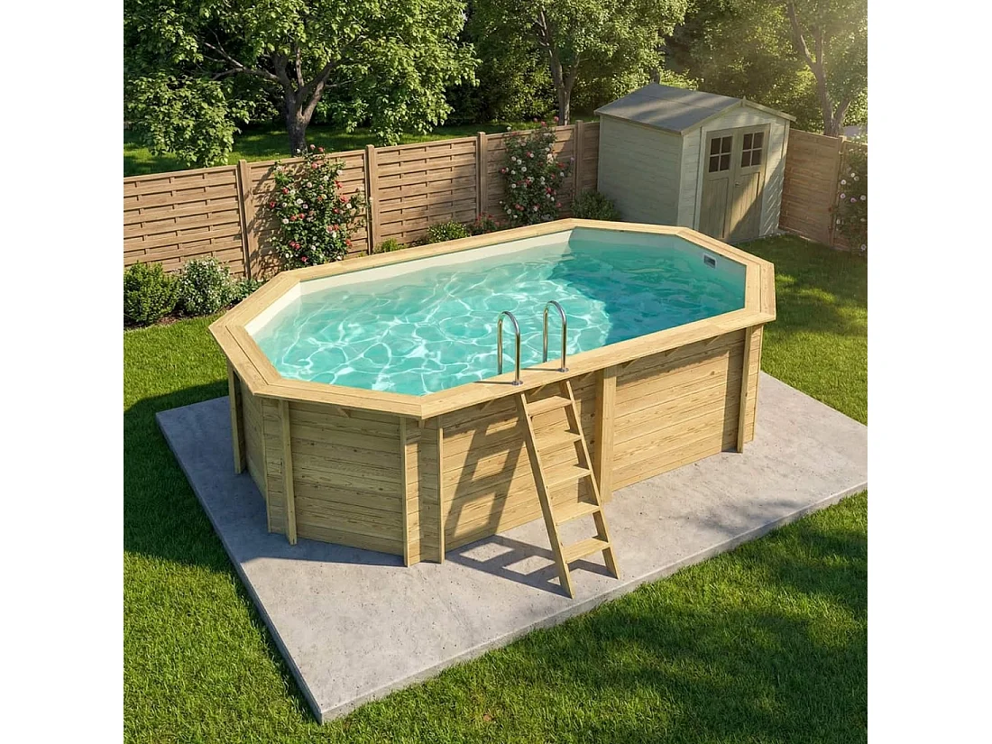 Piscina in legno NEMO 5.79 x 3.49 - H.1.45 m, sabbia, Su telaio - senza cementazione - BAS7304OSPU3 - ALTANKA