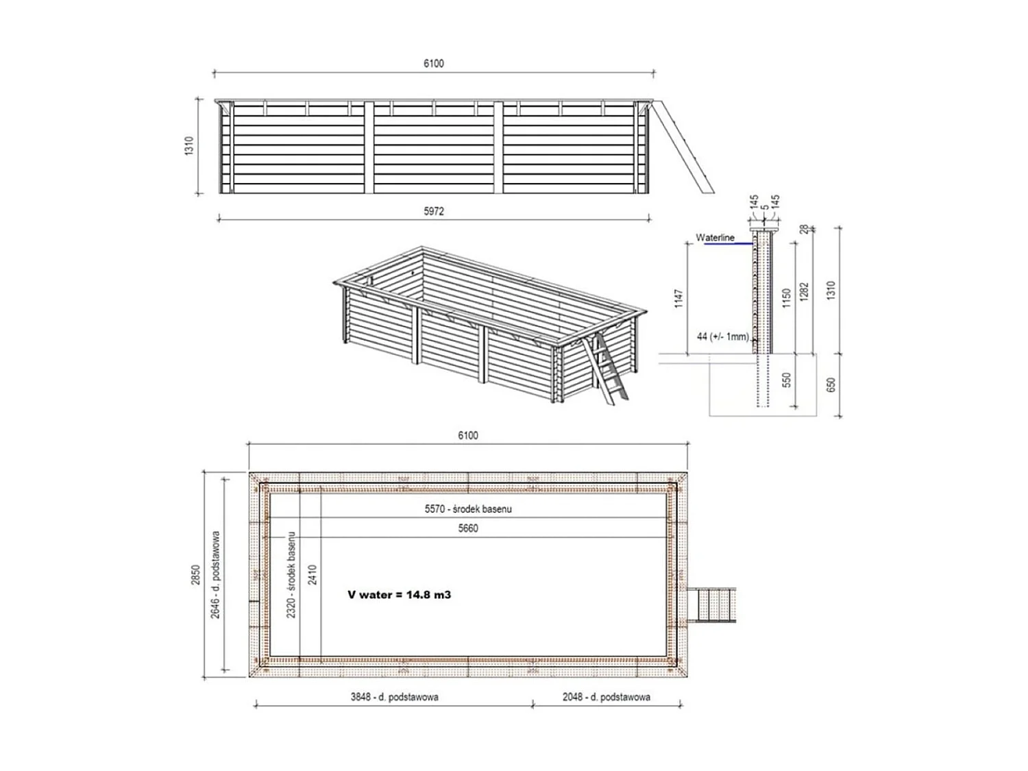 Piscina in legno AQUA 6.1 x 2.85 - H.1.31 m, grigio, con supporti da cementare - BAS7307OSPI2 - ALTANKA