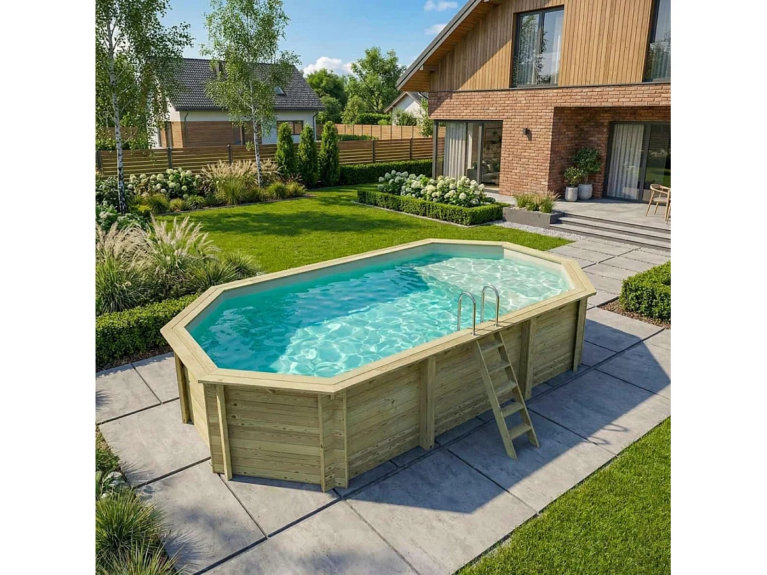 Piscine en bois NEMO 7.3 x 3.97 - H.1.45 m avec plage, sable, fixations à visser - BAS7305OSPL3+PLA305 - ALTANKA