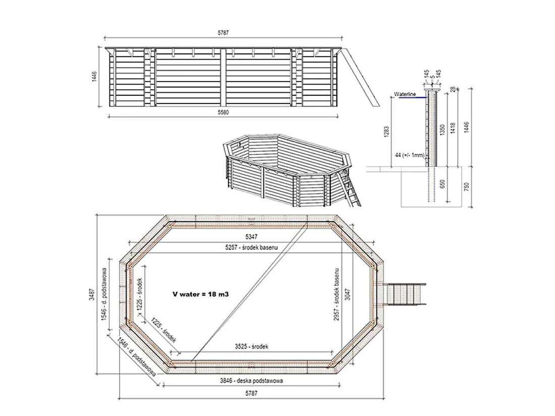 Piscine en bois NEMO 5.79 x 3.49 - H.1.45 m, gris clair, cadre en métal - sans dalle - BAS7304OSPU2 - ALTANKA