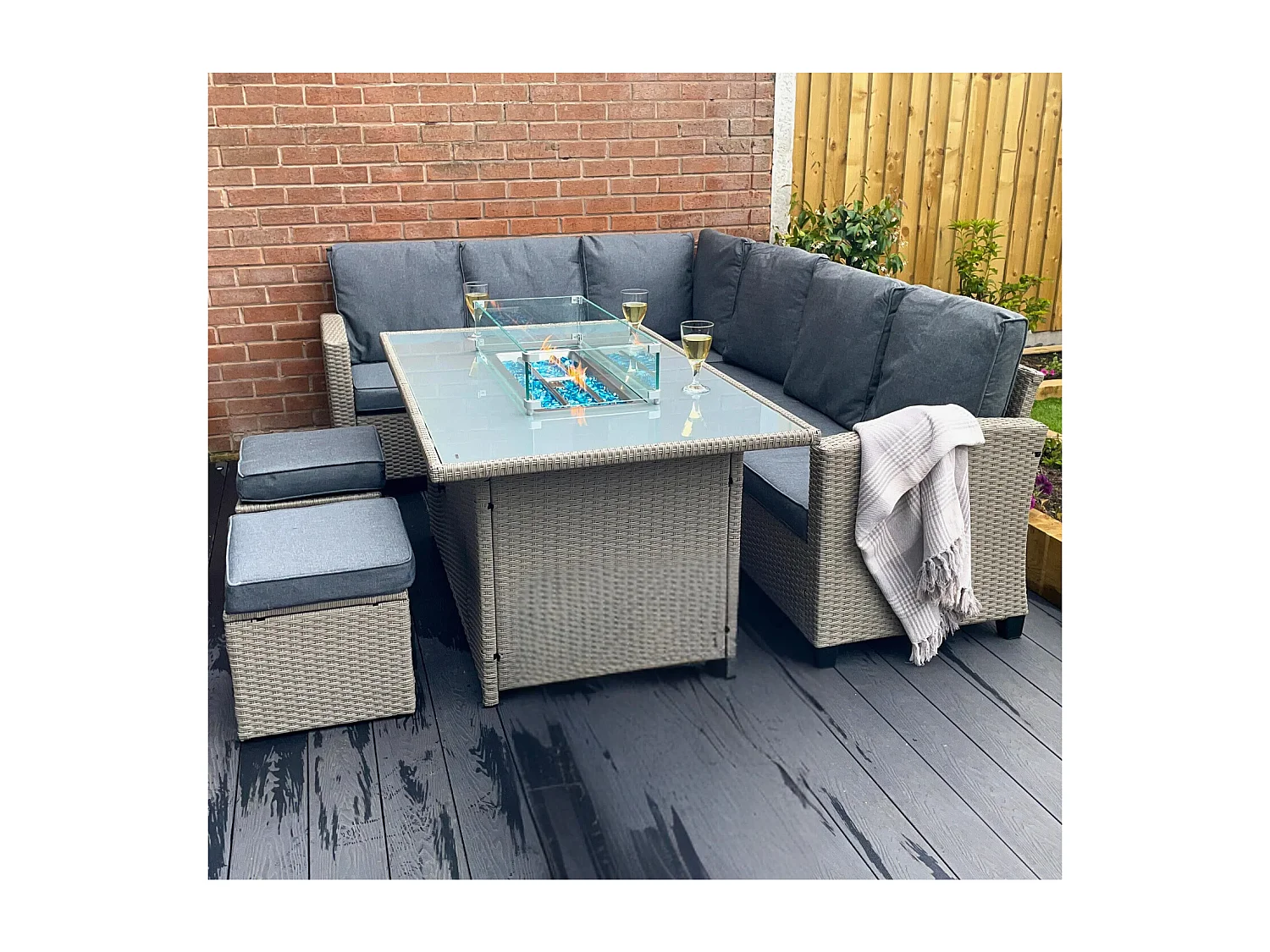 The Conwy 8 Seat Corner Gas Firepit Rattan Dining Set - Light Grey