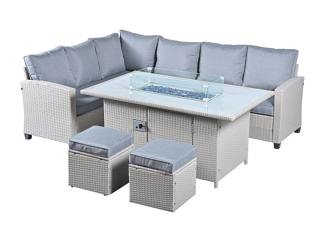 The Conwy 8 Seat Corner Gas Firepit Rattan Dining Set - Light Grey