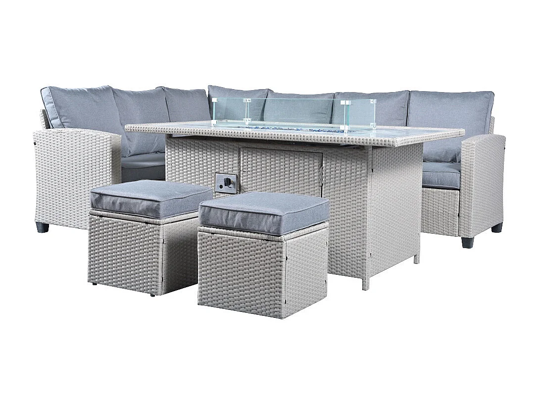The Conwy 8 Seat Corner Gas Firepit Rattan Dining Set - Light Grey