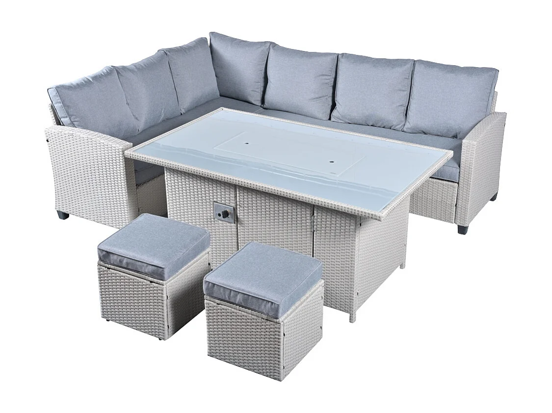 The Conwy 8 Seat Corner Gas Firepit Rattan Dining Set - Light Grey