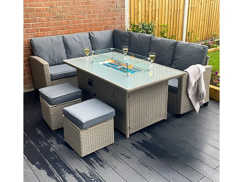 The Conwy 8 Seat Corner Gas Firepit Rattan Dining Set - Light Grey