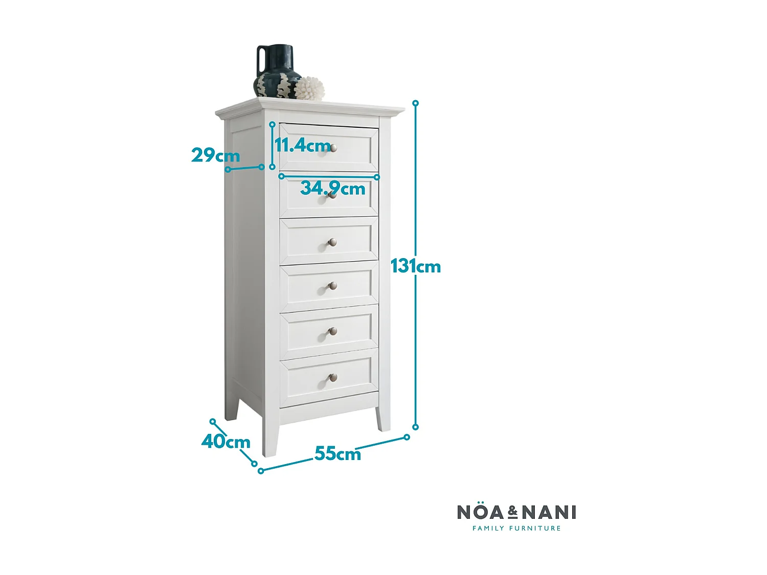 Noa & Nani Karlstad Chest of Drawers Tall Bedroom 6 Drawer in White