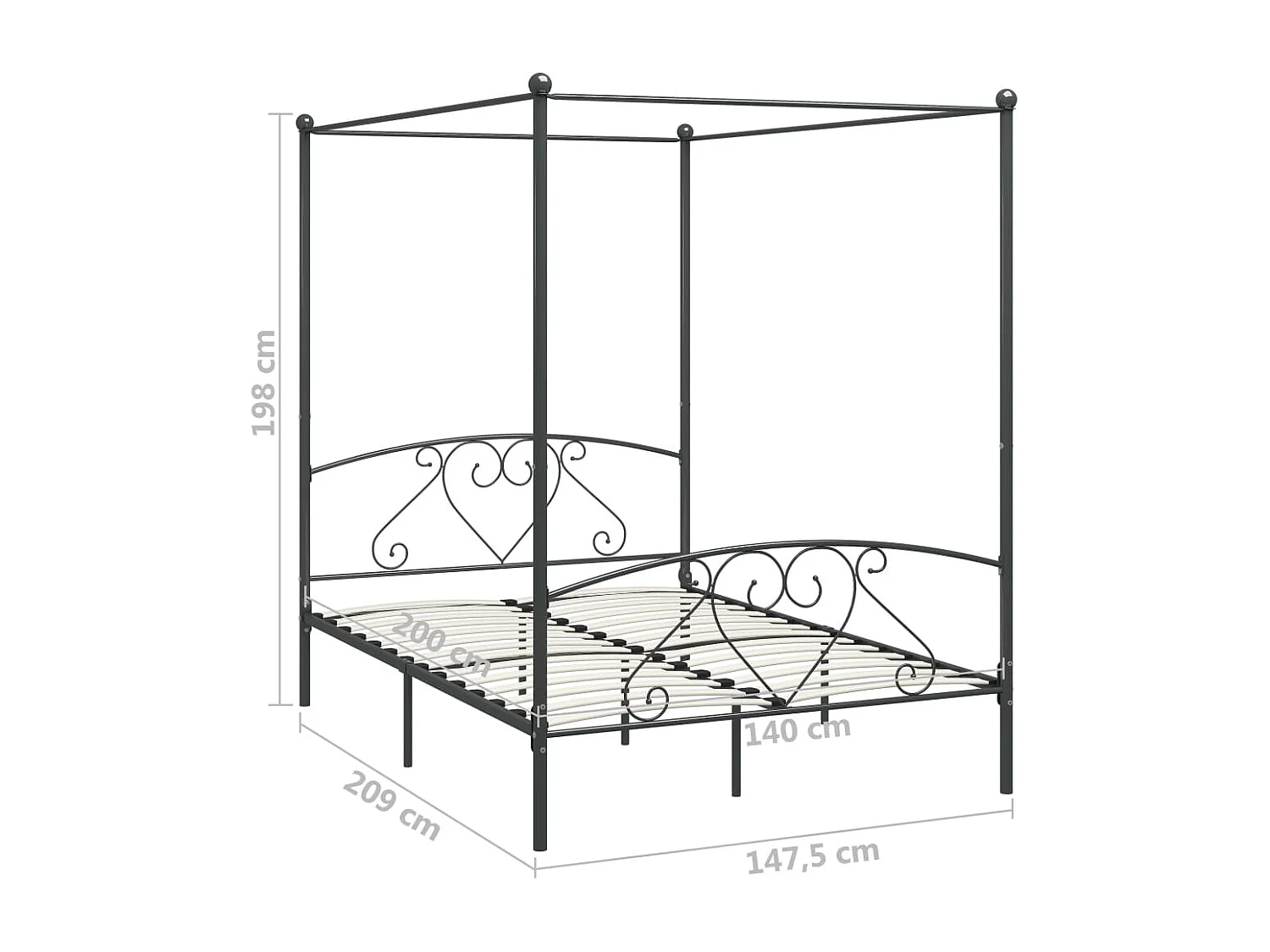 284443 Berkfield Canopy Bed Frame without Mattress Grey Metal 140x200 cm