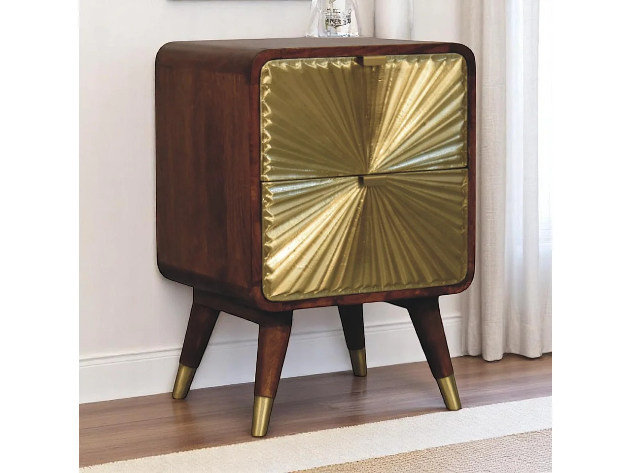 Avora Solid Wood 2 Drawer Brass Embossed Chestnut Nightstand