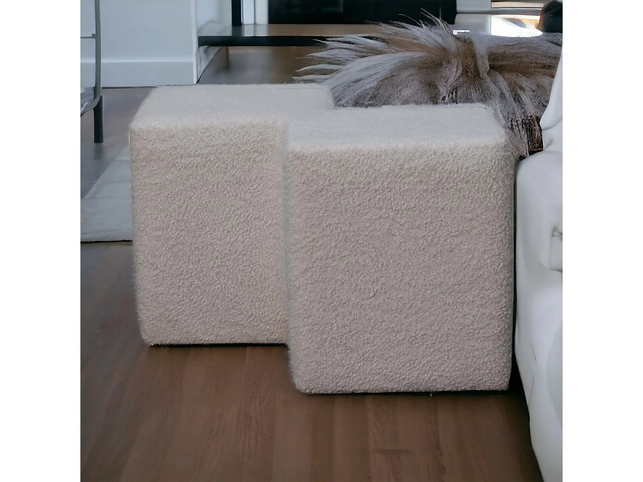Artisan Furniture Solid Wood White Boucle Twin Footstool
