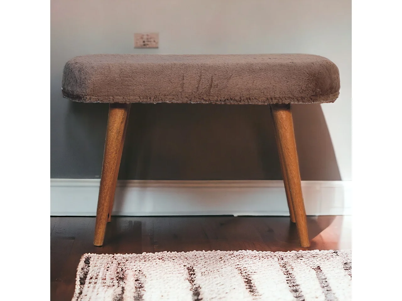 Artisan Furniture Solid Wood Mocha Faux Fur Fabric Bench