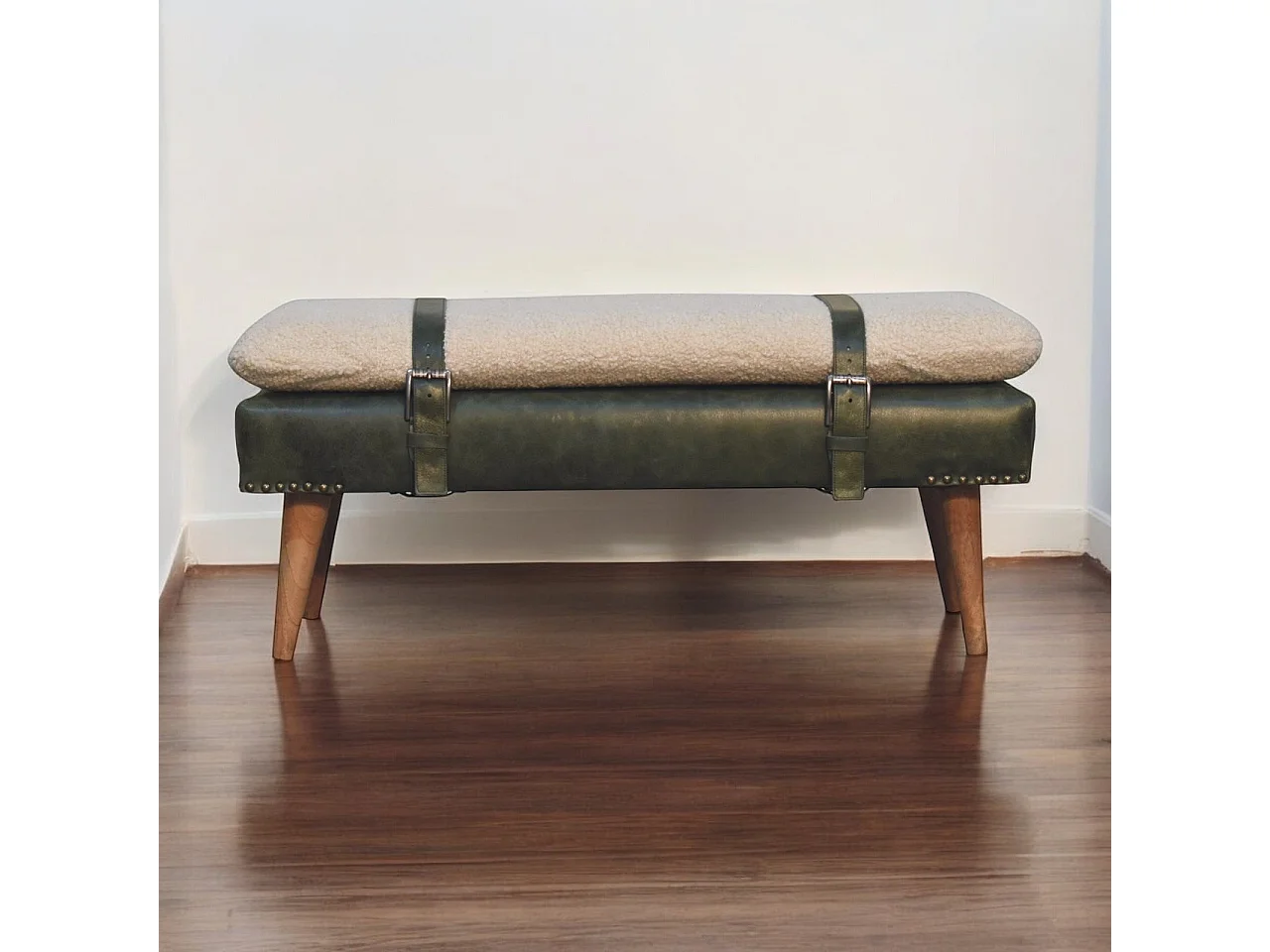 Artisan Furniture Solid Wood BouclÃ© Buffalo Hide Olive Green Leather Bench