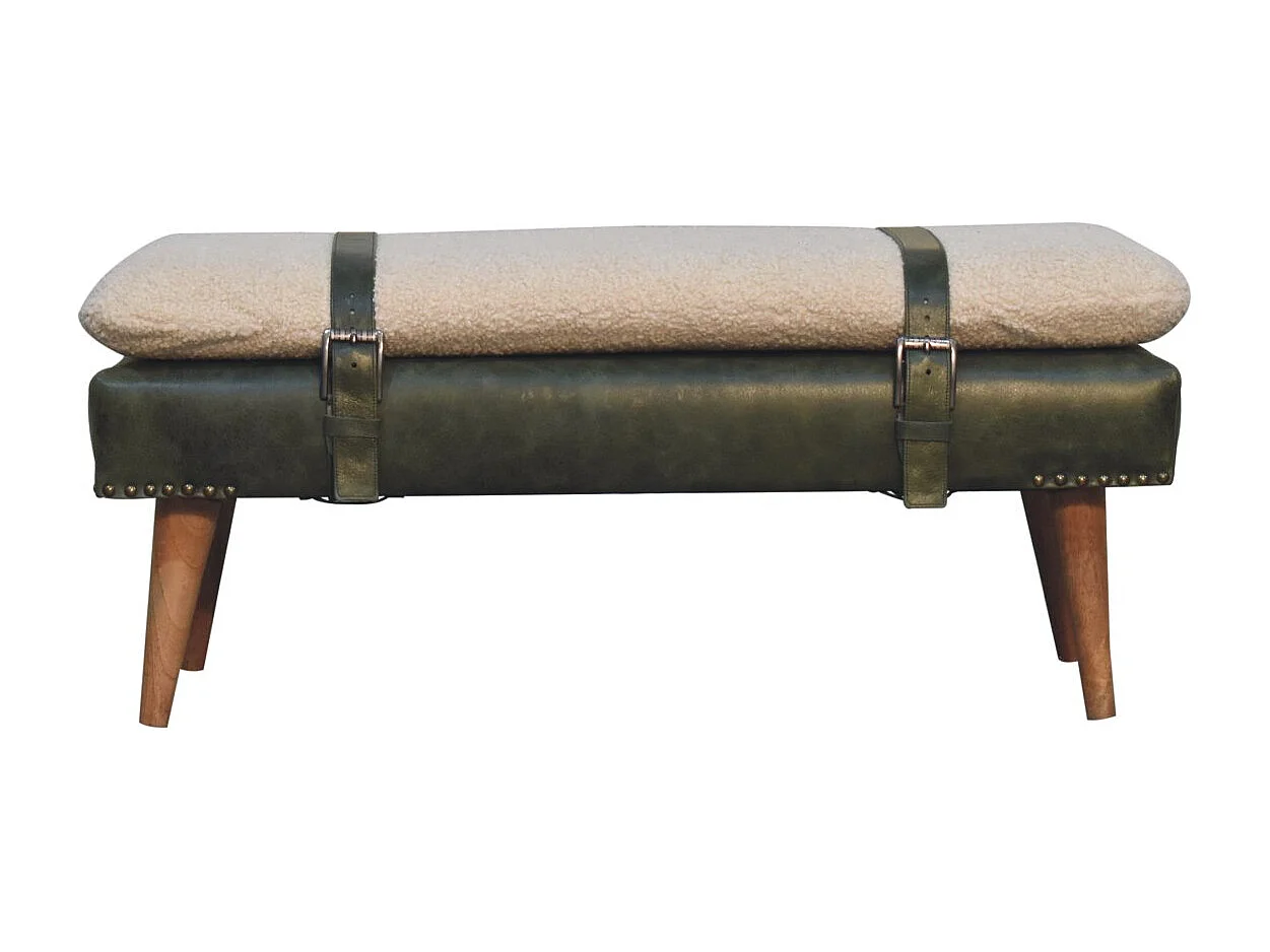 Artisan Furniture Solid Wood BouclÃ© Buffalo Hide Olive Green Leather Bench