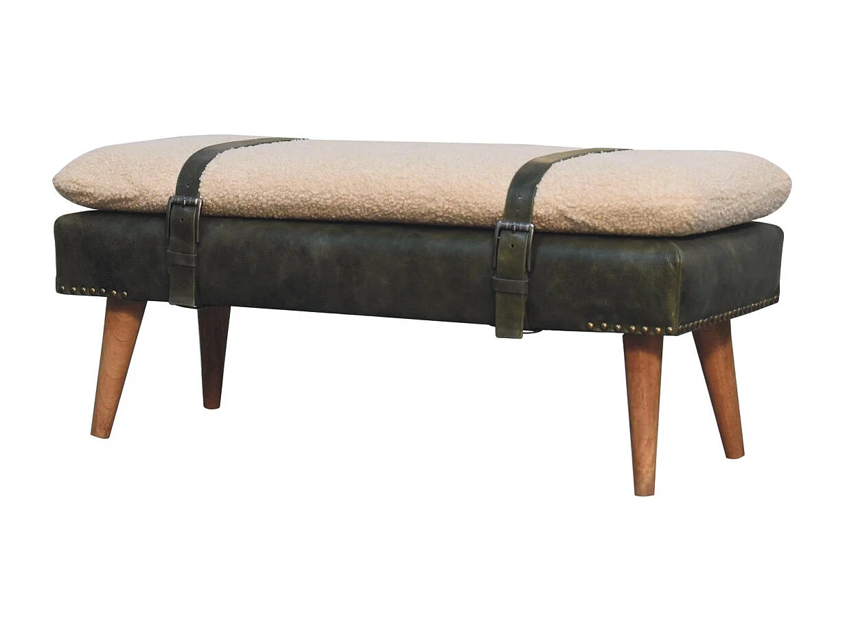 Artisan Furniture Solid Wood BouclÃ© Buffalo Hide Olive Green Leather Bench