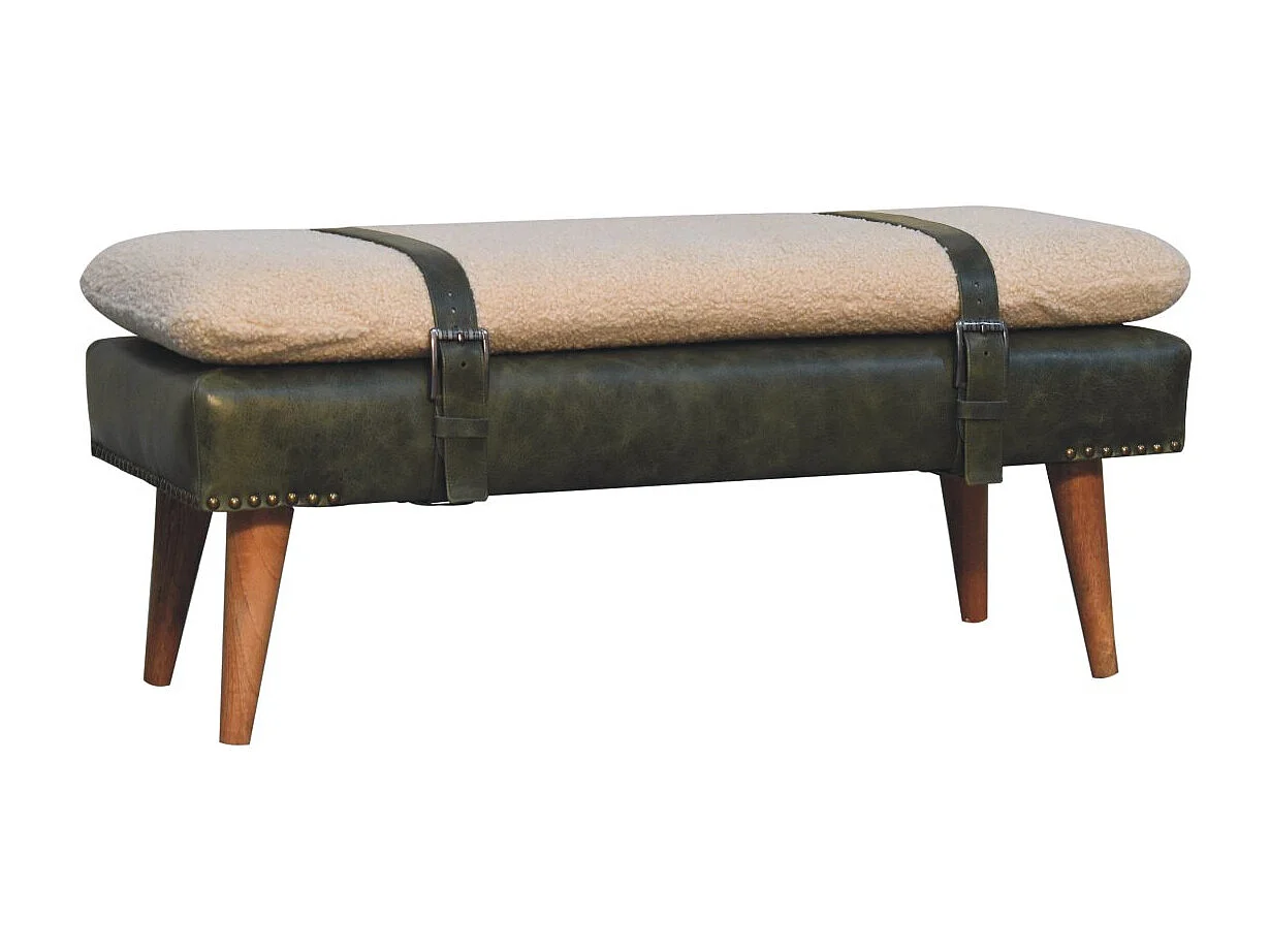 Artisan Furniture Solid Wood BouclÃ© Buffalo Hide Olive Green Leather Bench