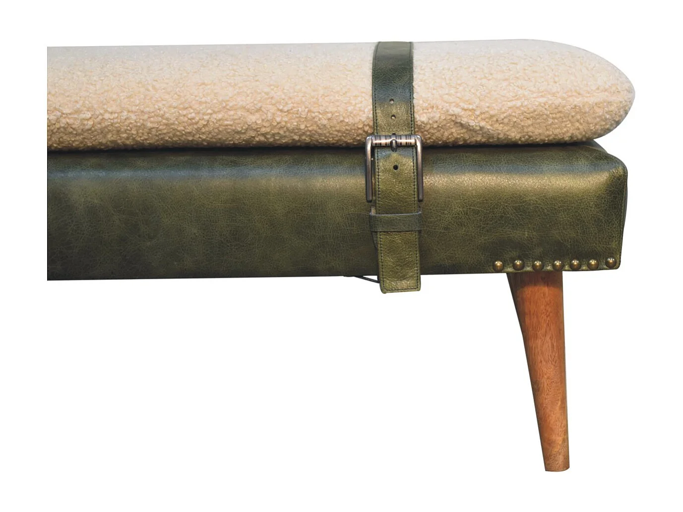 Artisan Furniture Solid Wood BouclÃ© Buffalo Hide Olive Green Leather Bench