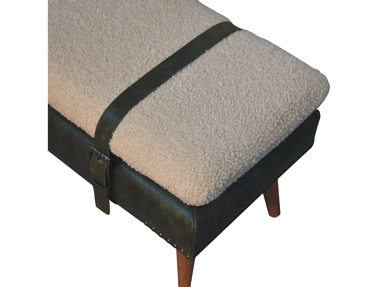 Artisan Furniture Solid Wood BouclÃ© Buffalo Hide Olive Green Leather Bench