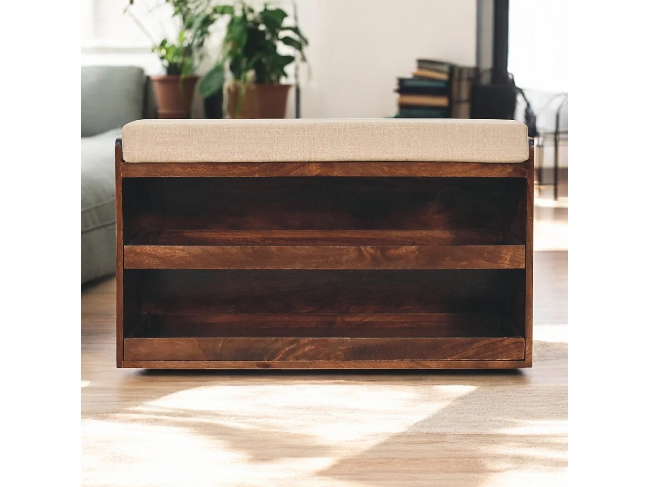 Artisan Furniture Solid Wood California Walnut & Mud Linen Pull out Shoe Bench