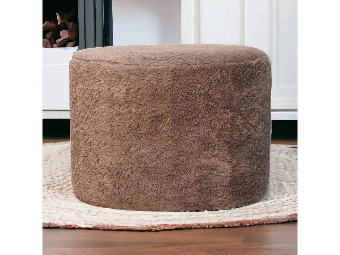 Artisan Furniture Solid Wood Mocha Faux Fur Round Footstool