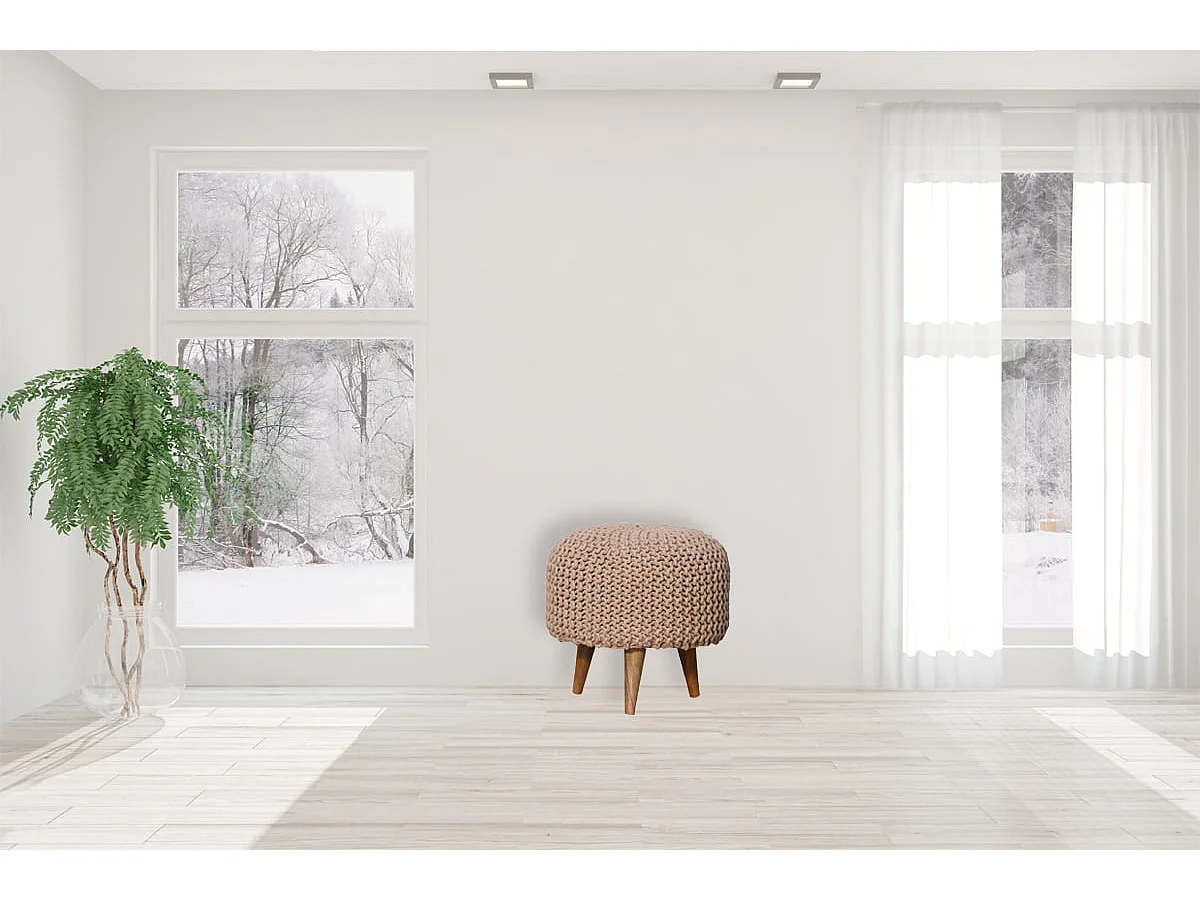 Artisan Furniture Solid Wood Keeva Beige Round Footstool