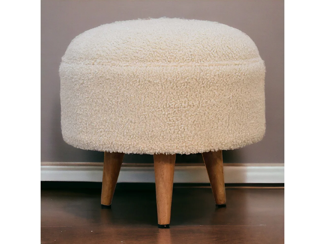 Artisan Furniture Solid Wood Cream Boucle Rounded Footstool