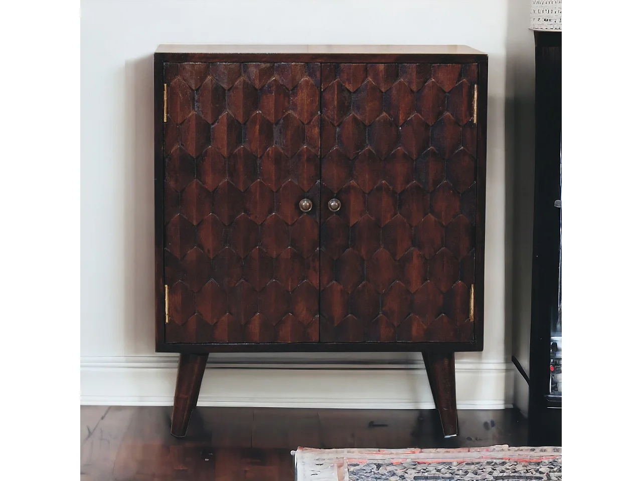 Artisan Furniture Solid Wood Mini Pineapple Carved Light Walnut Cabinet
