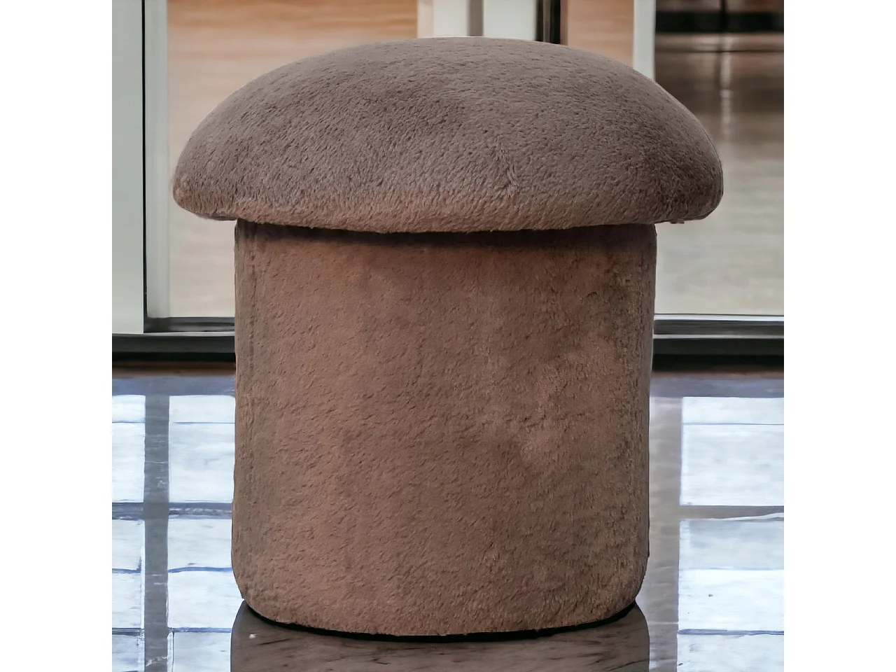 Artisan Furniture Solid Wood Mocha Faux Fur Mushroom Footstool