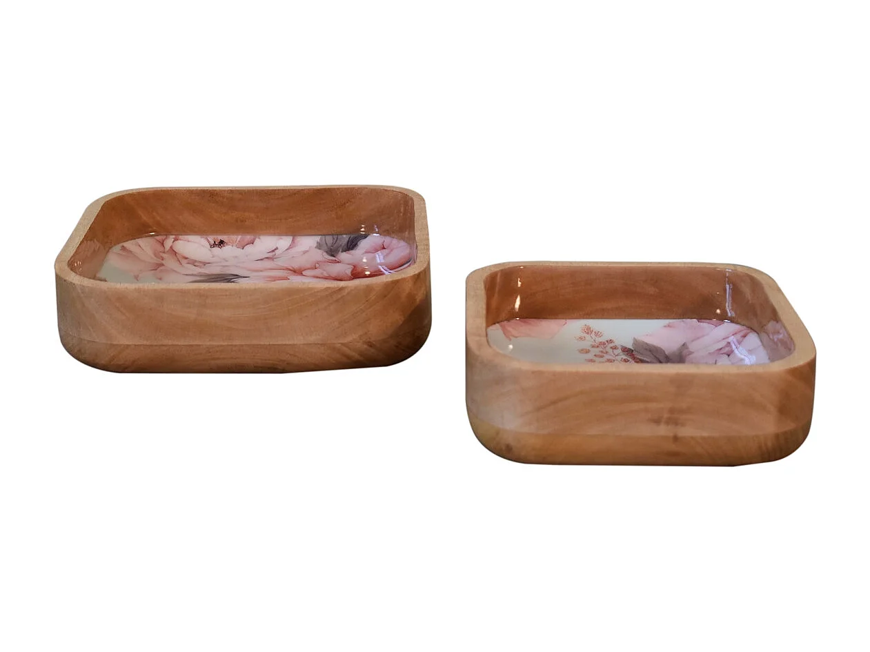 Artisan Furniture Solid Wood Pink Floral Square Bowl Set of 2