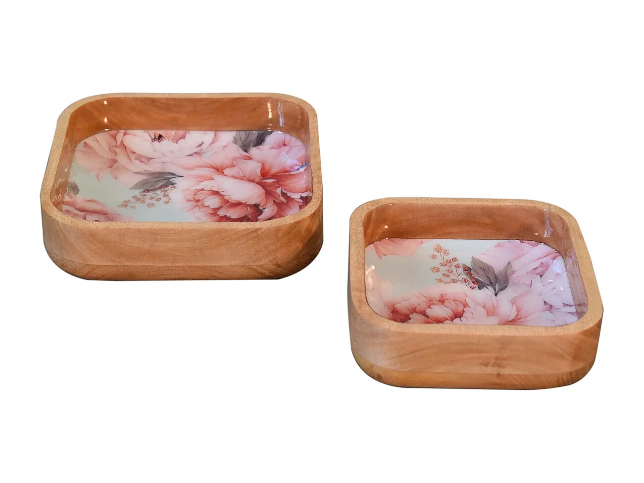Artisan Furniture Solid Wood Pink Floral Square Bowl Set of 2