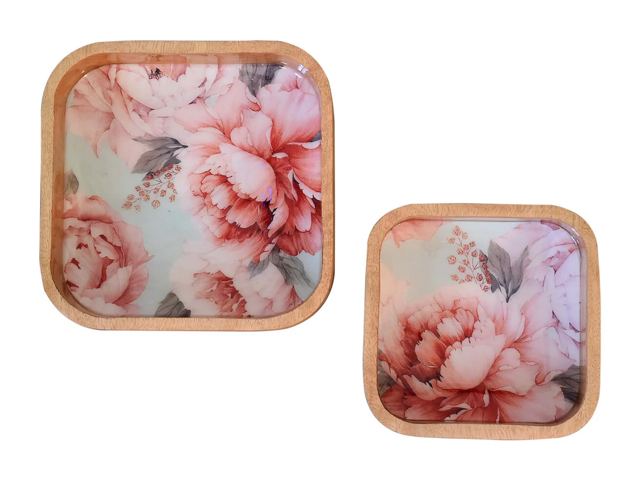 Artisan Furniture Solid Wood Pink Floral Square Bowl Set of 2