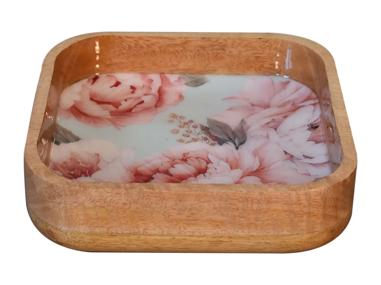Artisan Furniture Solid Wood Pink Floral Square Bowl Set of 2