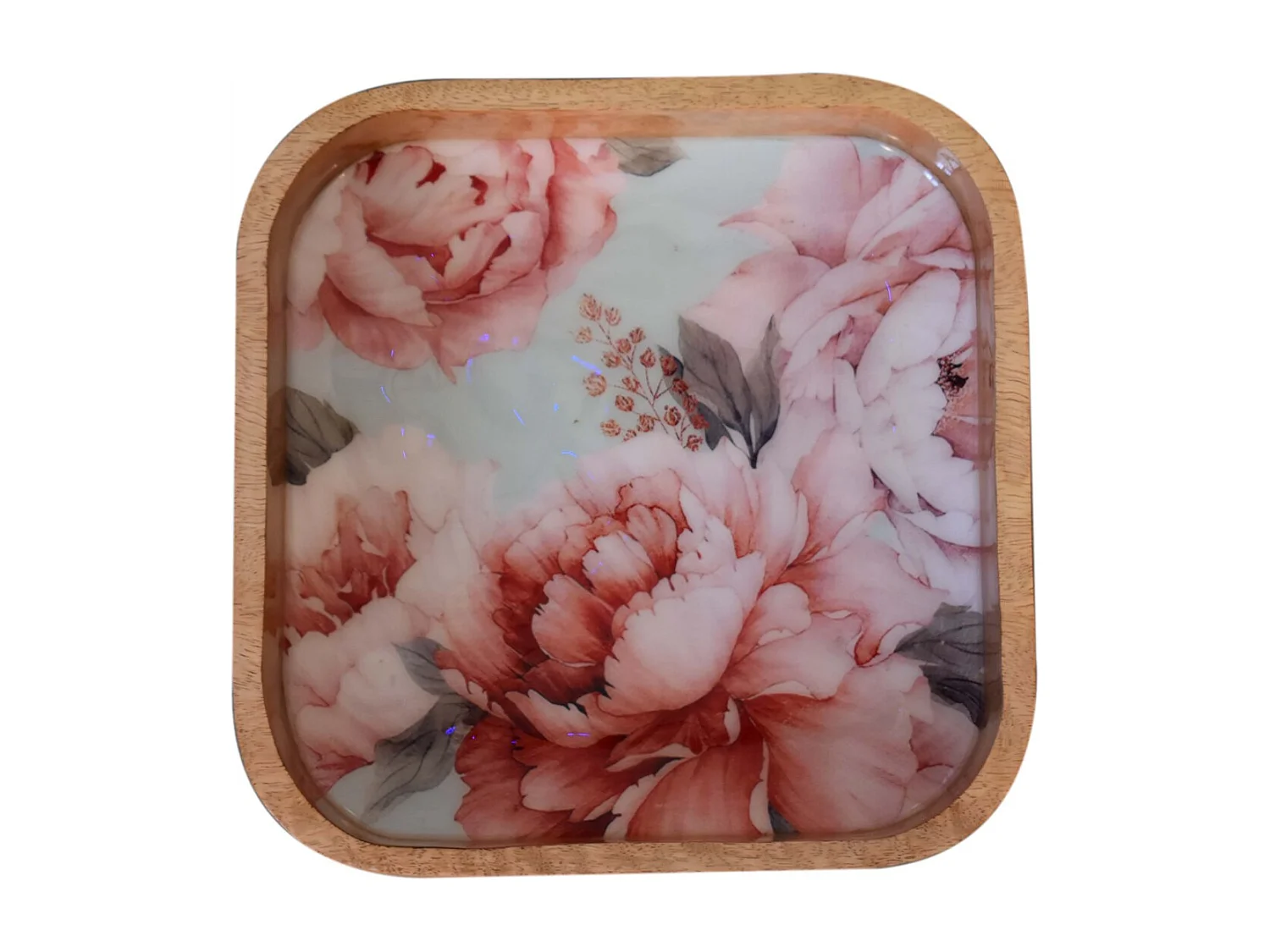 Artisan Furniture Solid Wood Pink Floral Square Bowl Set of 2