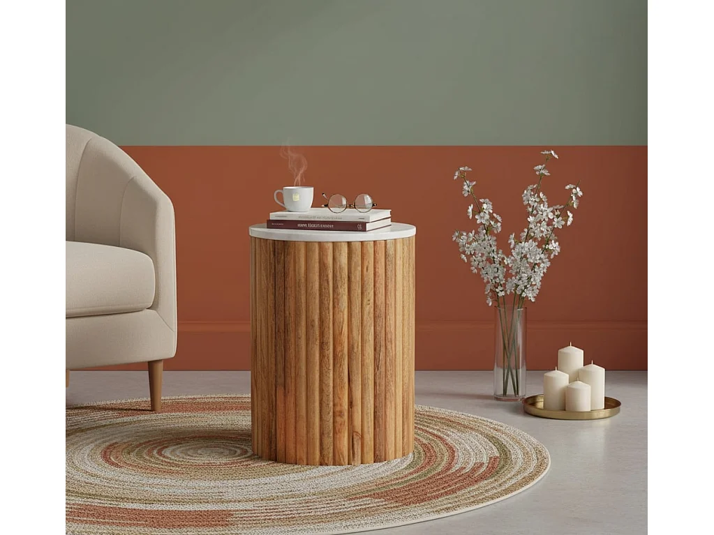 Artisan Furniture Solid Wood Fluted Marble Side Table