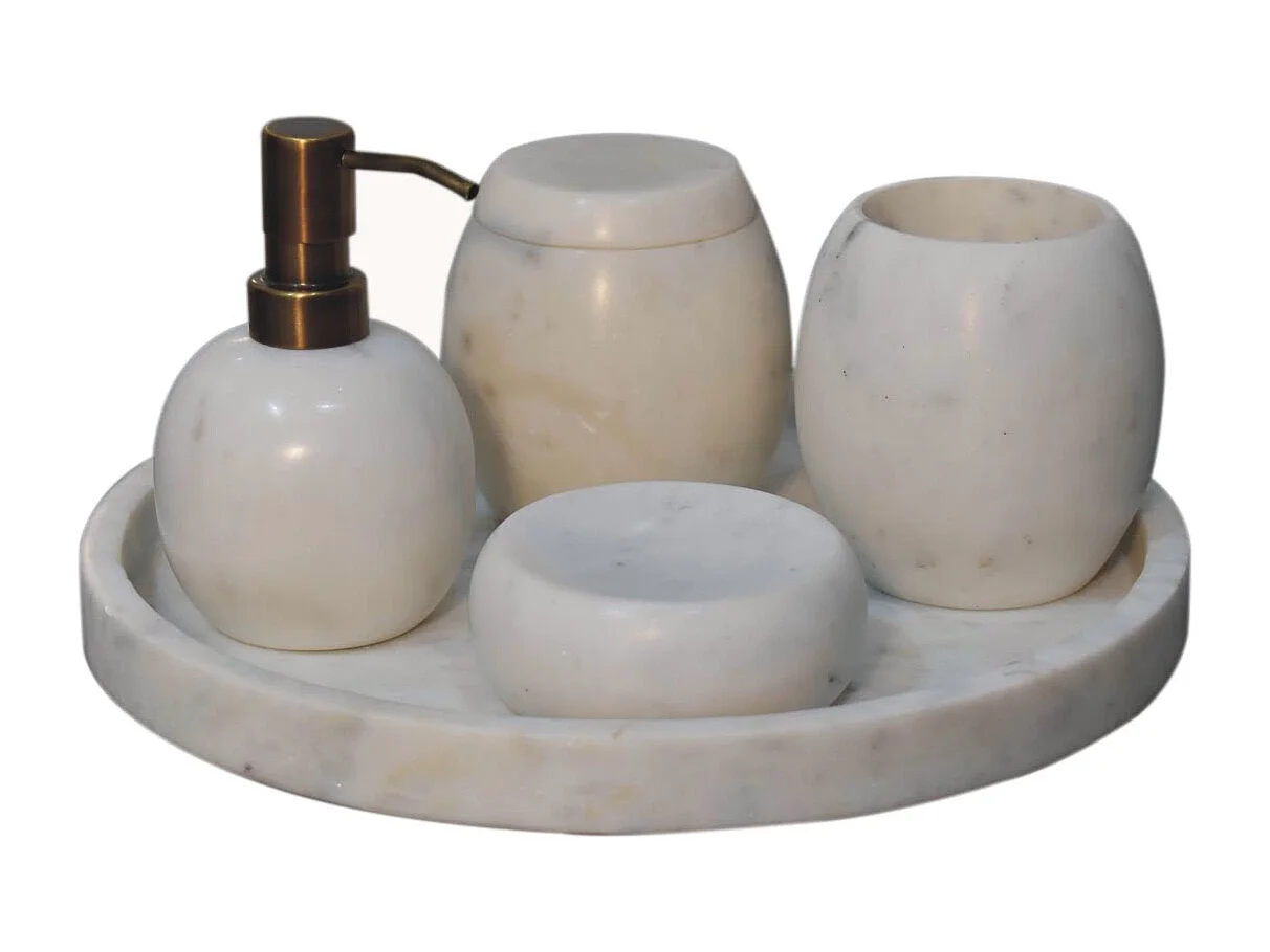 Artisan Furniture Solid Wood Set of 5 White Marble Bathroom Set
