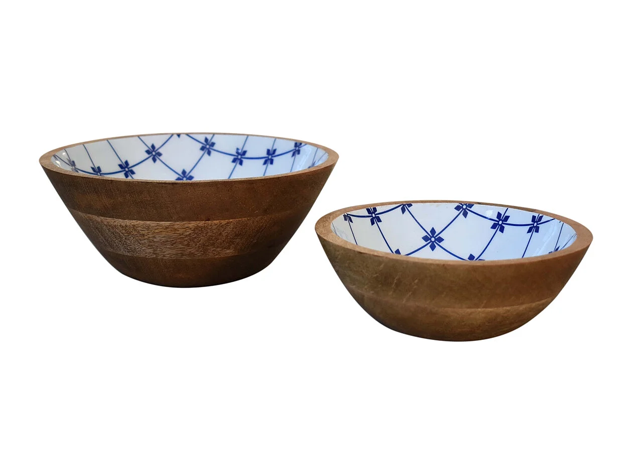 Artisan Furniture Solid Wood Blue and White Bowl Set of 2