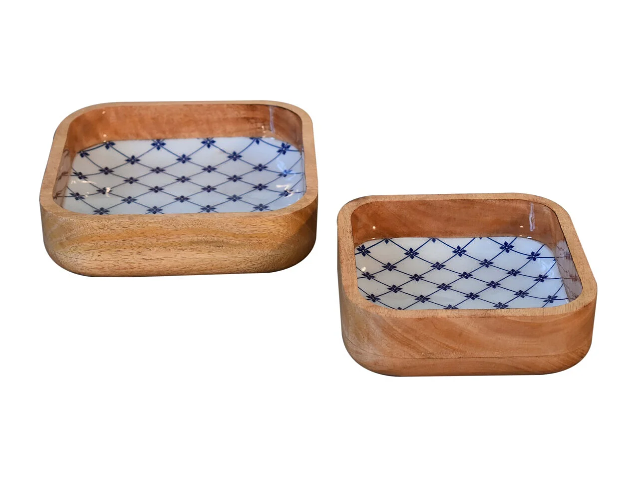 Artisan Furniture Solid Wood Blue and White Square Bowl Set of 2