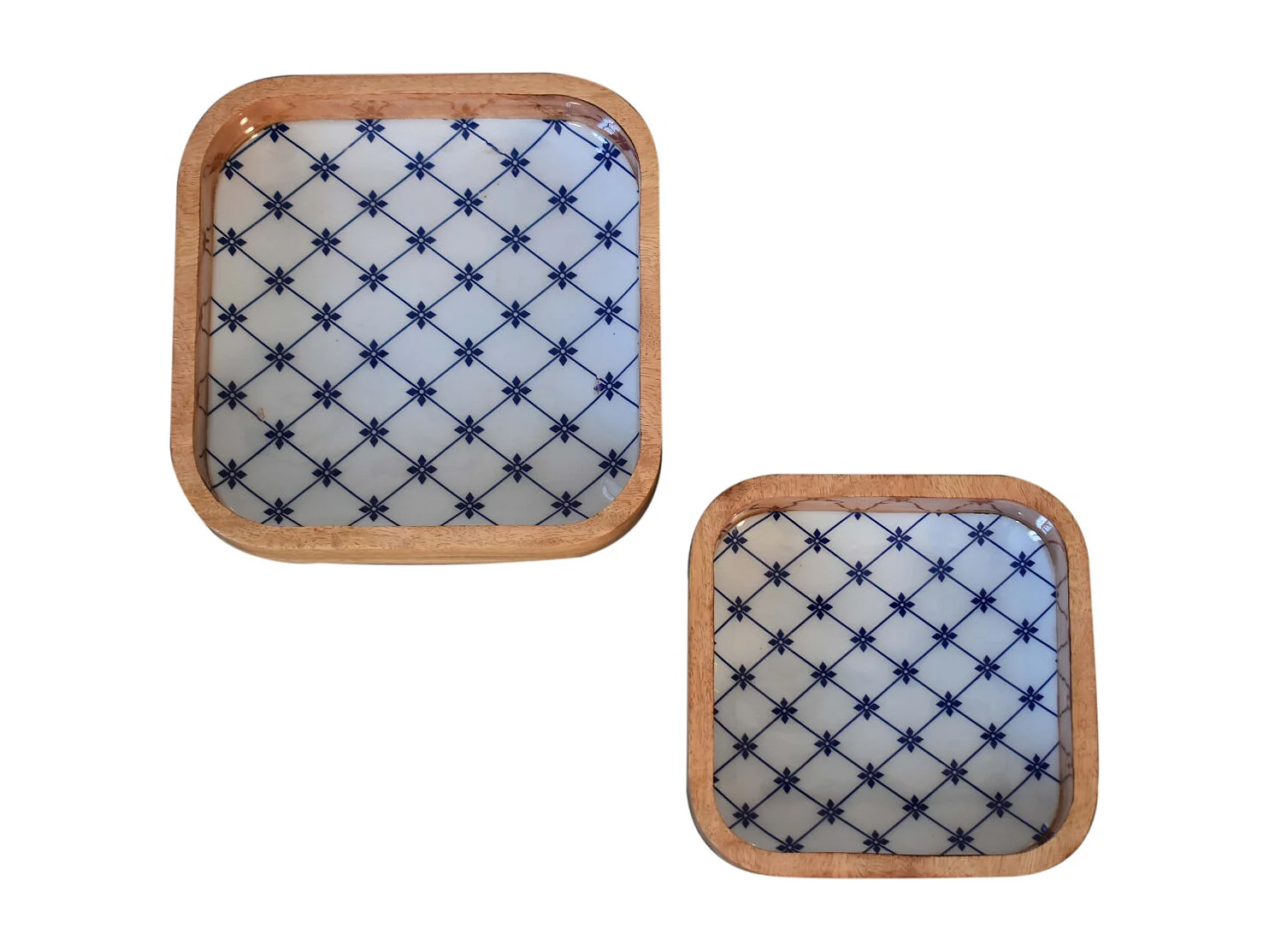 Artisan Furniture Solid Wood Blue and White Square Bowl Set of 2