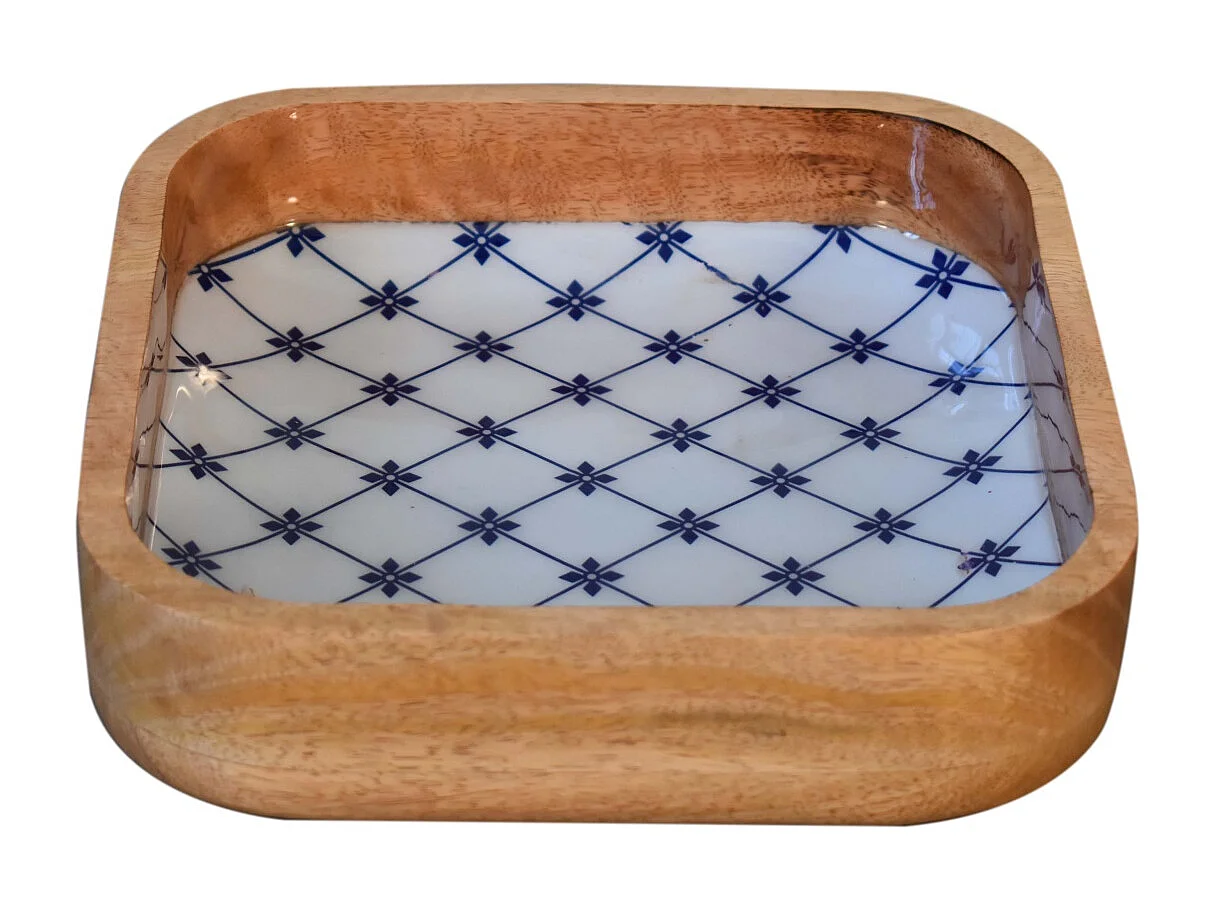 Artisan Furniture Solid Wood Blue and White Square Bowl Set of 2