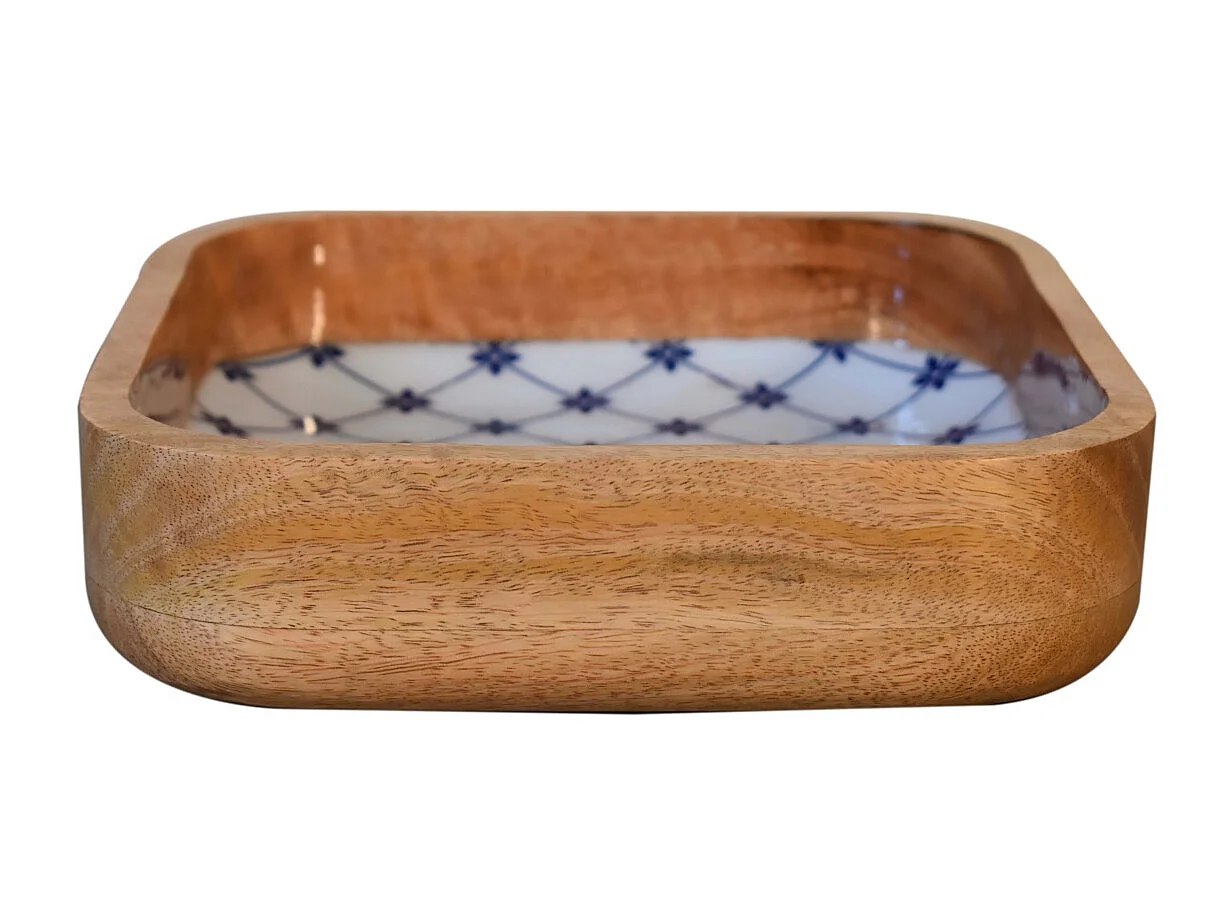 Artisan Furniture Solid Wood Blue and White Square Bowl Set of 2