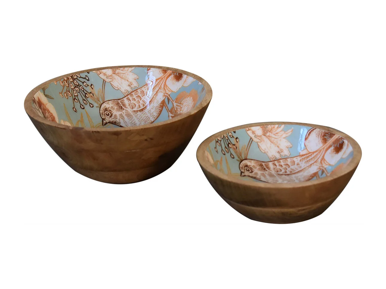 Artisan Furniture Solid Wood Floral Bird Bowl Set of 2