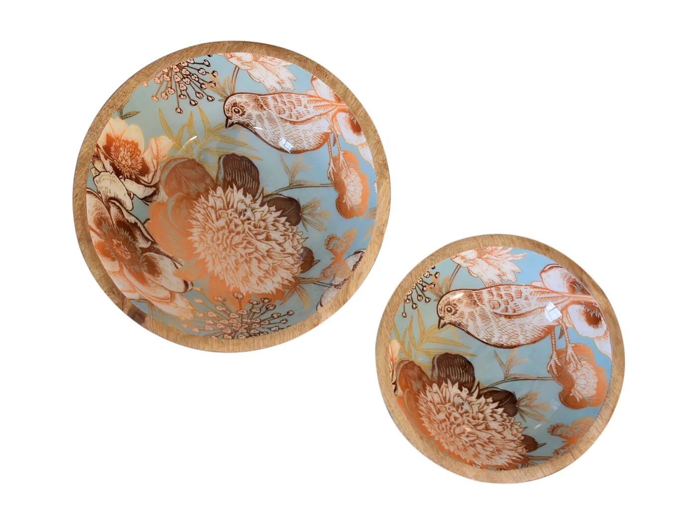 Artisan Furniture Solid Wood Floral Bird Bowl Set of 2