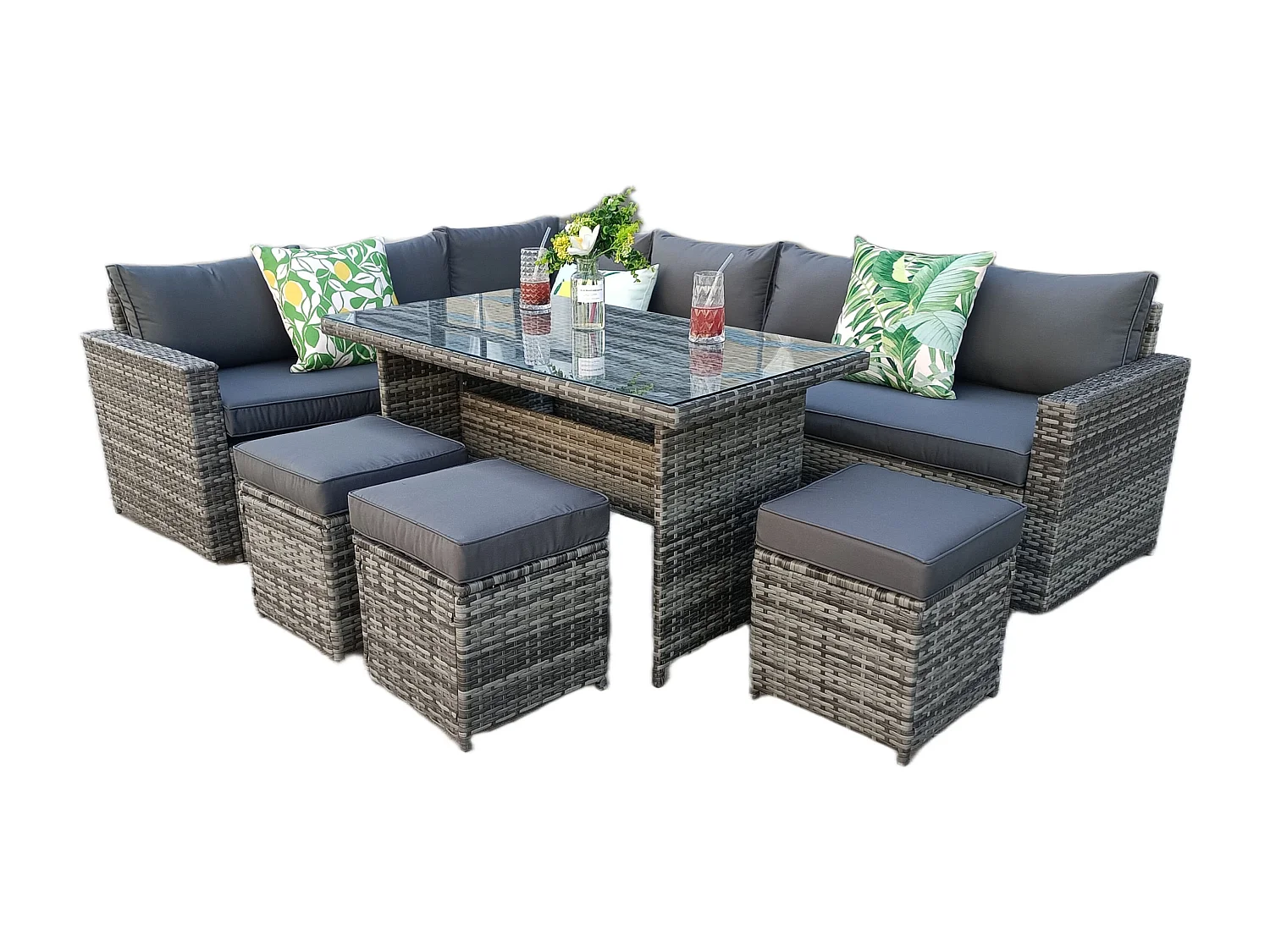 The Tarporley Grey 9 Seat Corner Rattan Dining Set - Fixed