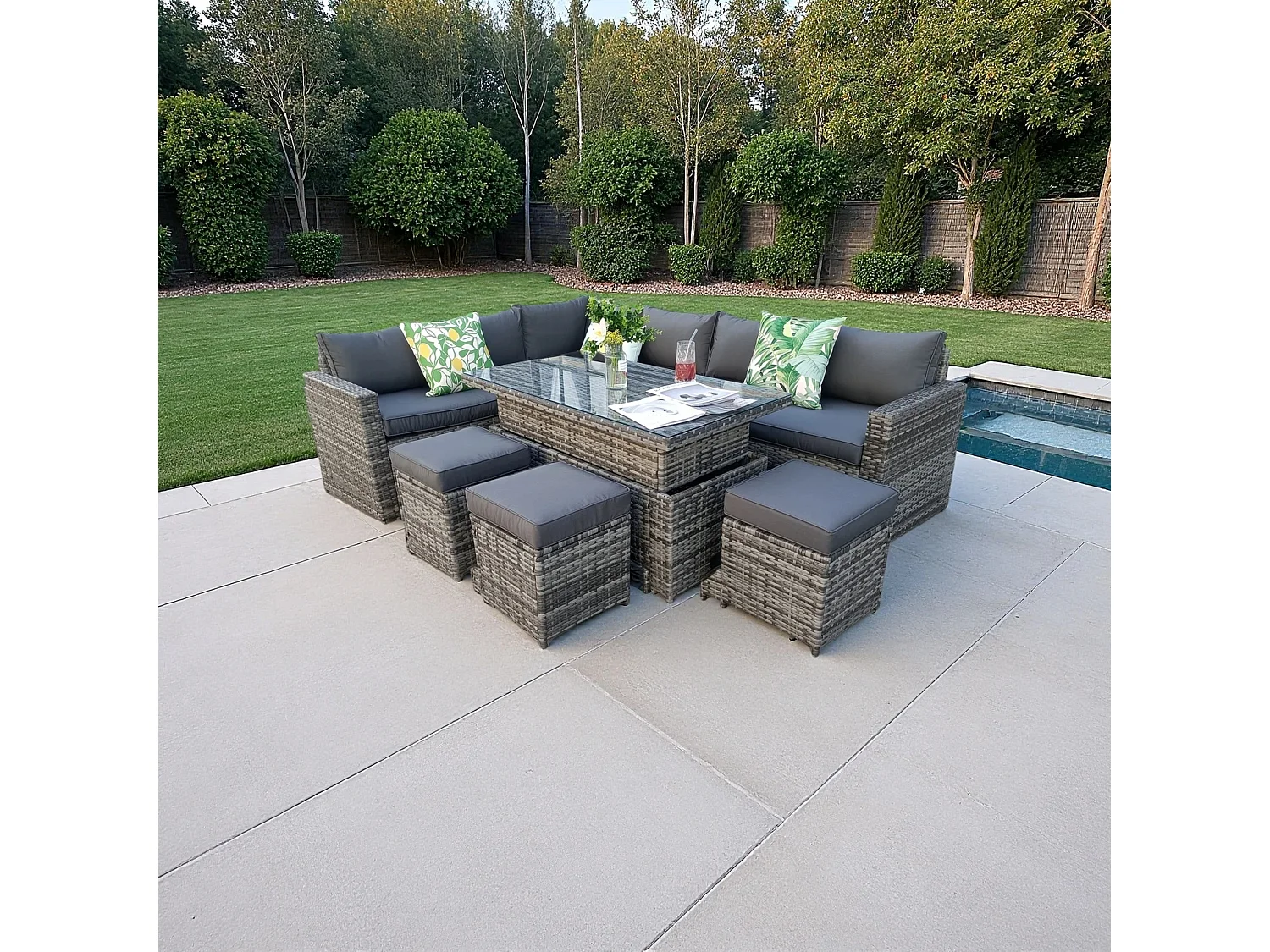 The Tarporley Grey 9 Seat Corner Rattan Dining Set - Rising Table
