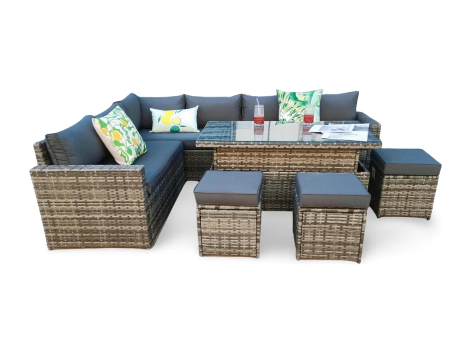 The Tarporley Grey 9 Seat Corner Rattan Dining Set - Rising Table