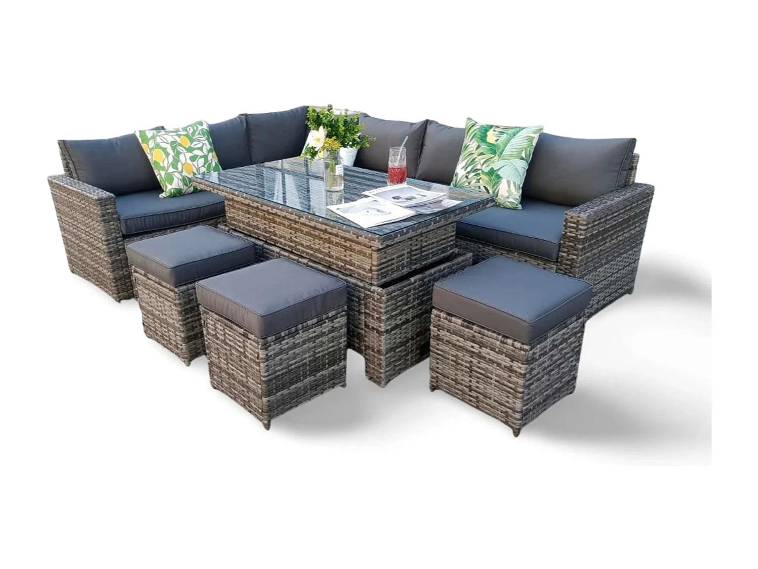 The Tarporley Grey 9 Seat Corner Rattan Dining Set - Rising Table