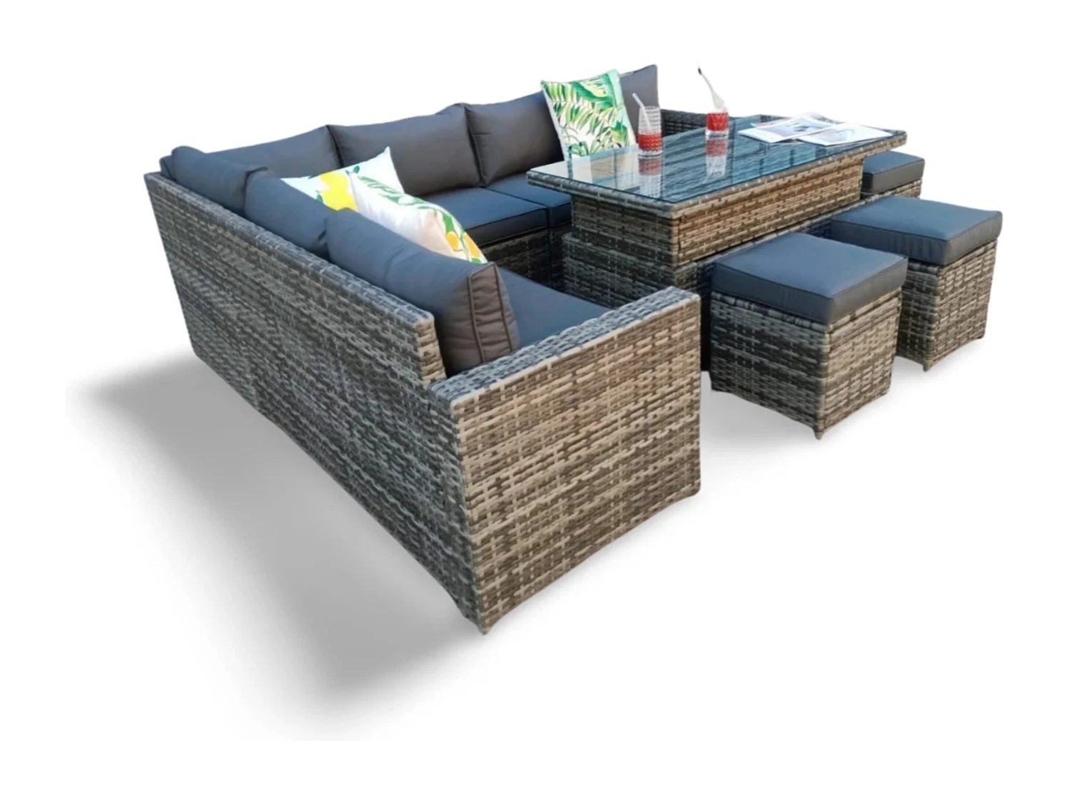 The Tarporley Grey 9 Seat Corner Rattan Dining Set - Rising Table