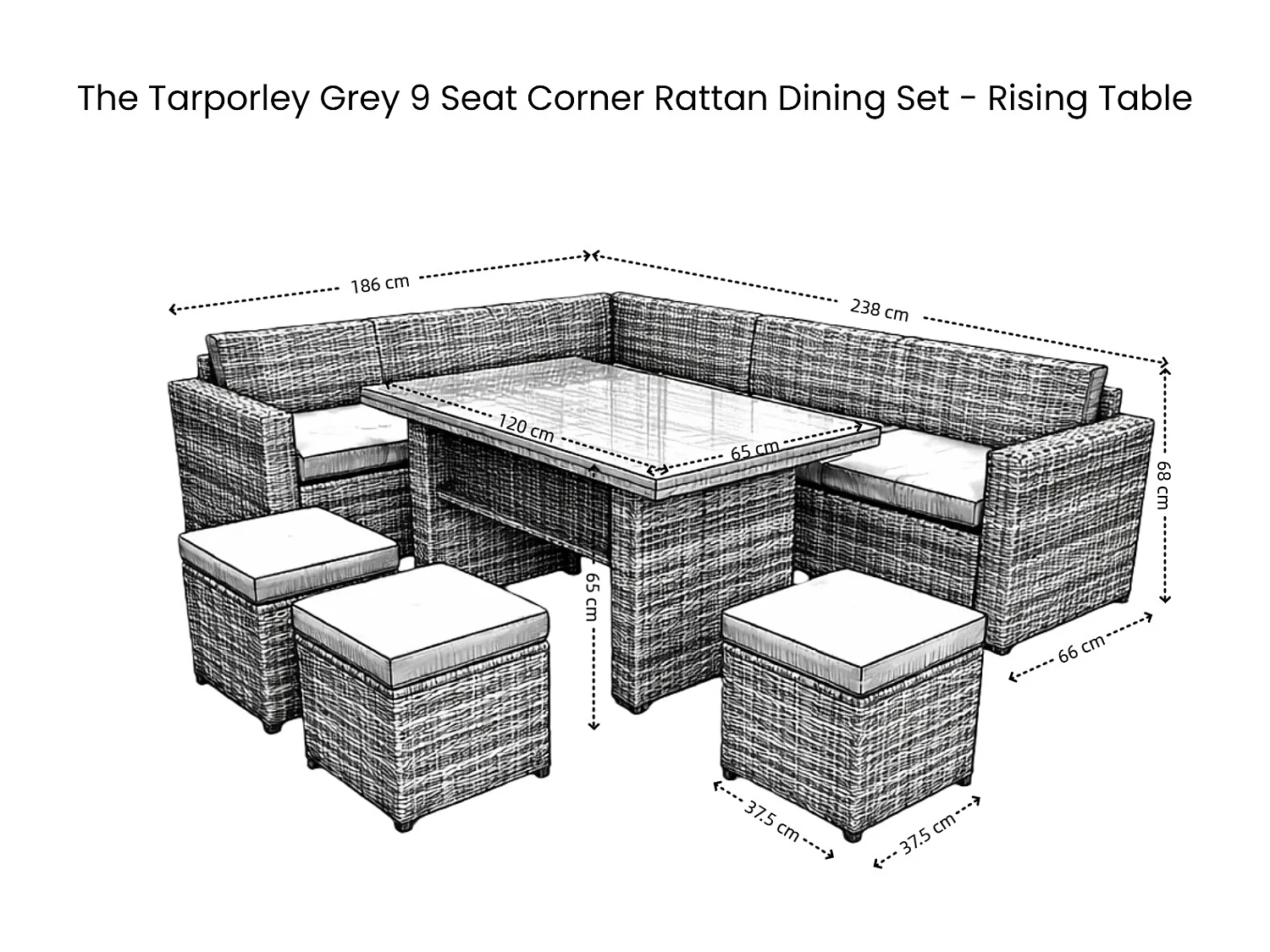 The Tarporley Grey 9 Seat Corner Rattan Dining Set - Rising Table