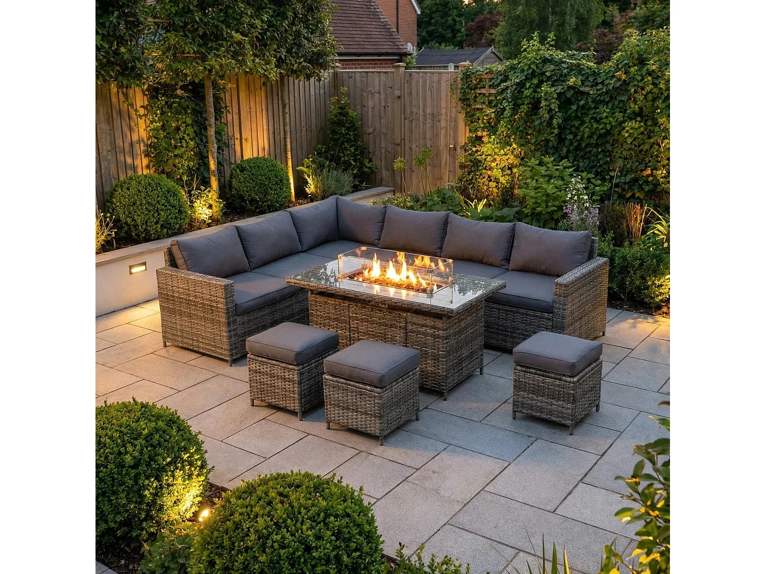 The Tarporley Grey 9 Seat Corner Firepit Rattan Dining Set