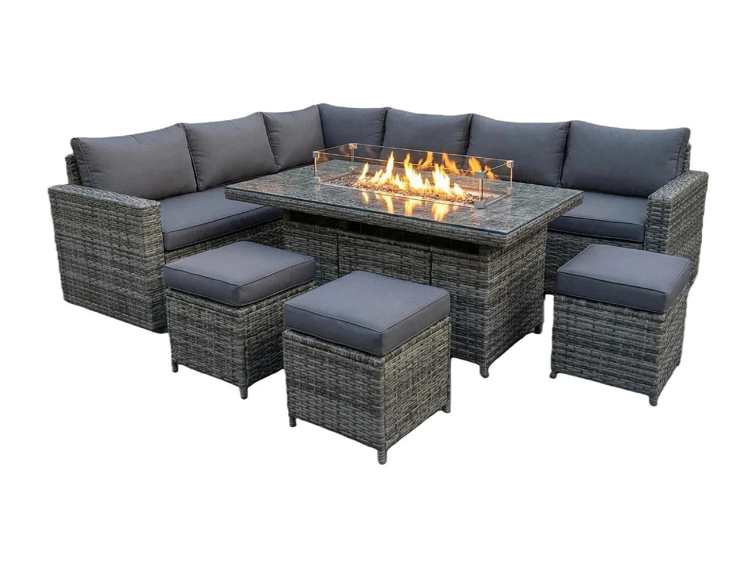 The Tarporley Grey 9 Seat Corner Firepit Rattan Dining Set