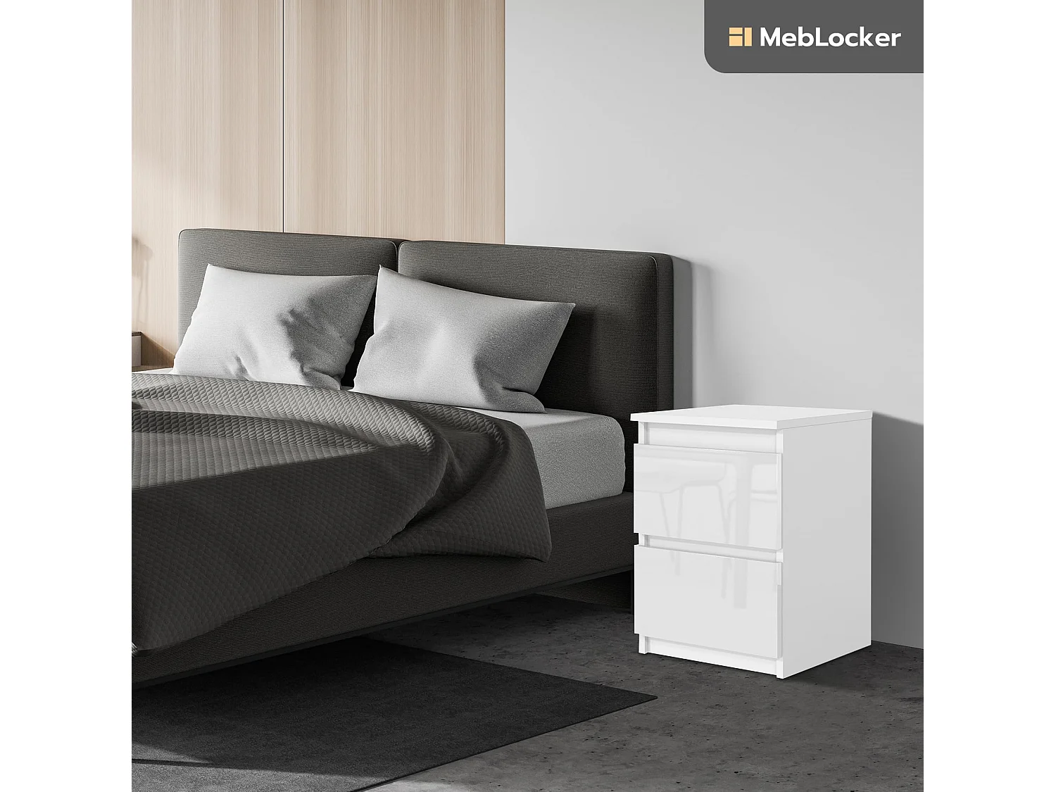 MebLocker Nachttisch Weiß mit glänzenden Fronten 40x39x55 cm – Nachttisch fürs Schlafzimmer – Moderner Nachttisch – Dekoration für Erwachsenenzimmer