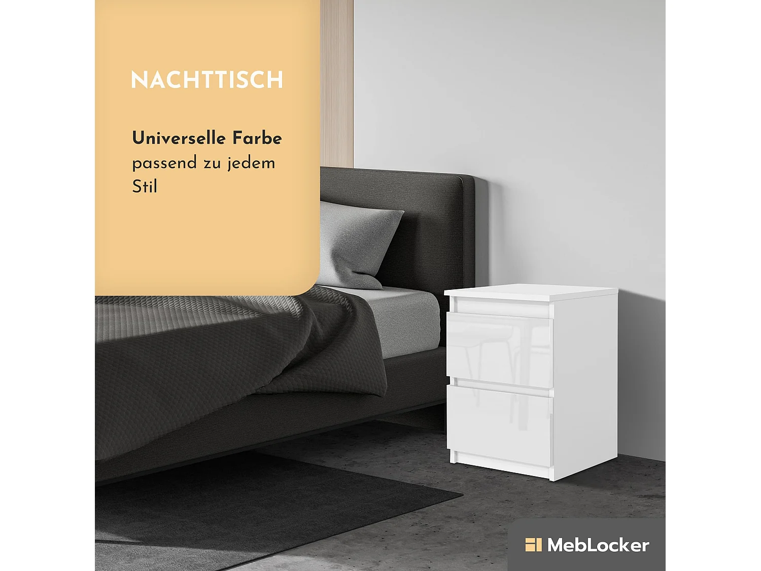 MebLocker Nachttisch Weiß mit glänzenden Fronten 40x39x55 cm – Nachttisch fürs Schlafzimmer – Moderner Nachttisch – Dekoration für Erwachsenenzimmer